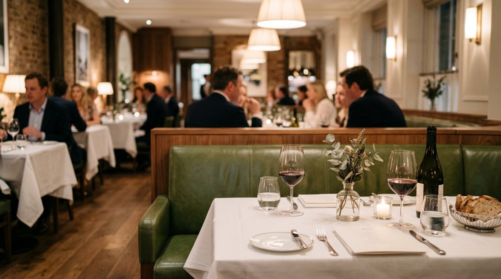 Warmly lit Marylebone restaurant dining room with white tablecloths, banquette seating and diners at unhurried tables