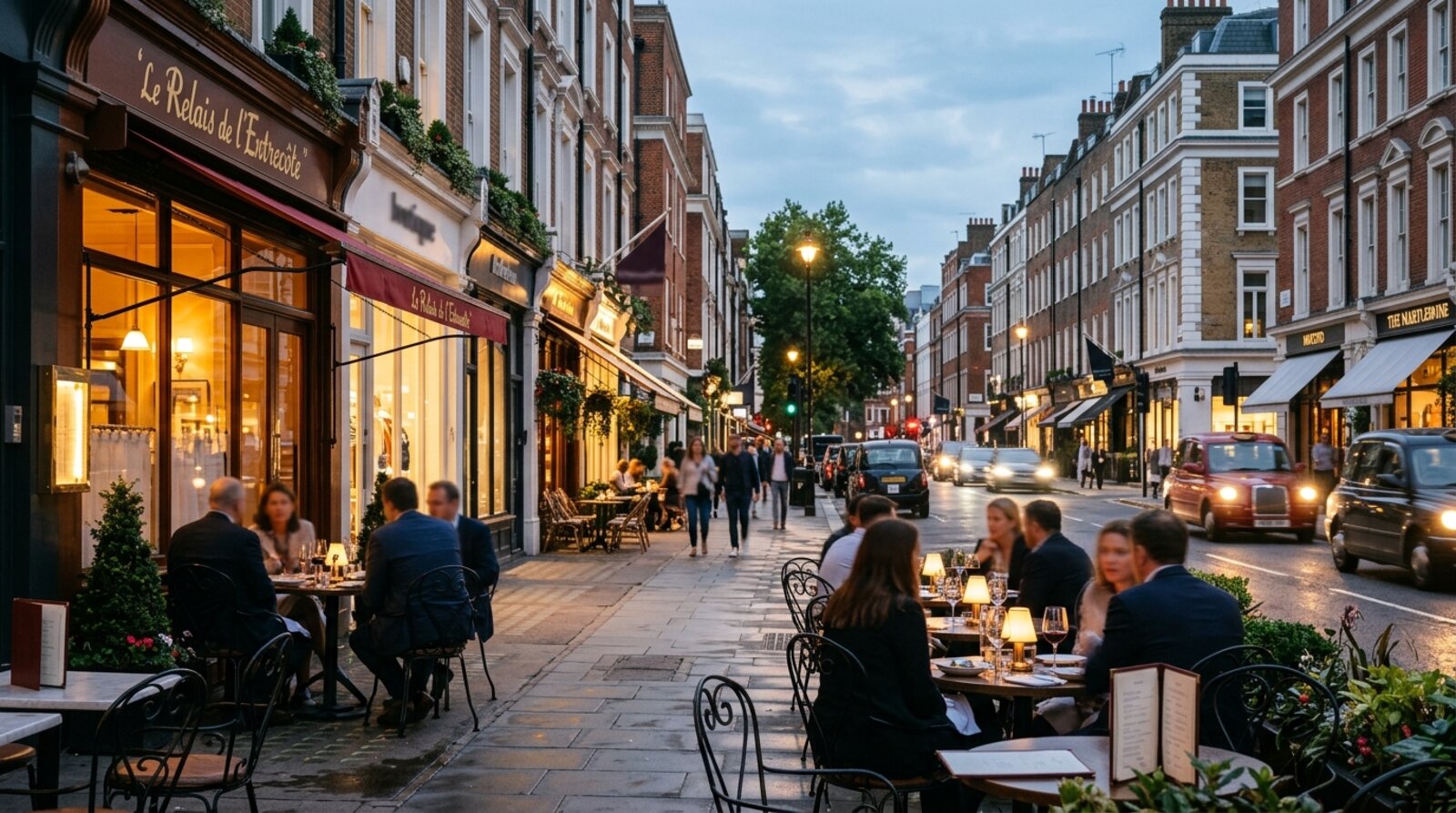 Marylebone High Street in W1 at dusk with lit restaurant frontages, village-style shops and a few pavement diners