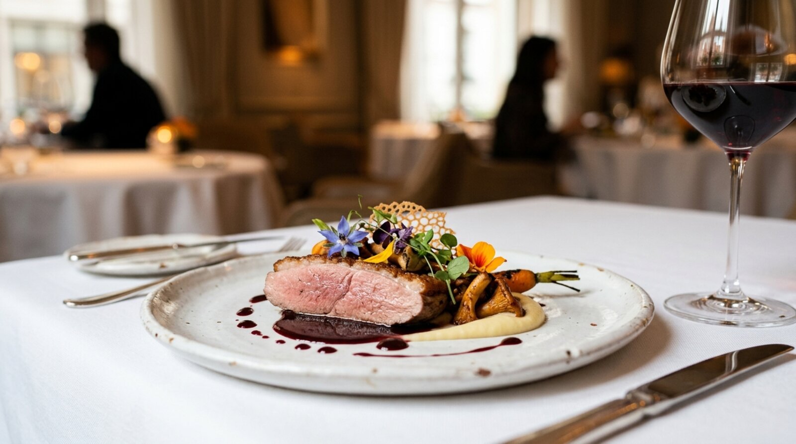 Plated fine dining course at a Mayfair restaurant in W1, with delicate garnish on a white plate and a glass of wine