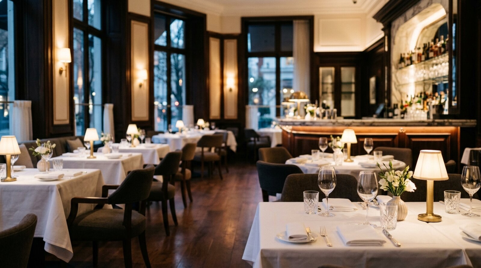 Elegant Mayfair restaurant dining room in W1 with white linen tables, soft lamplight and a marble bar