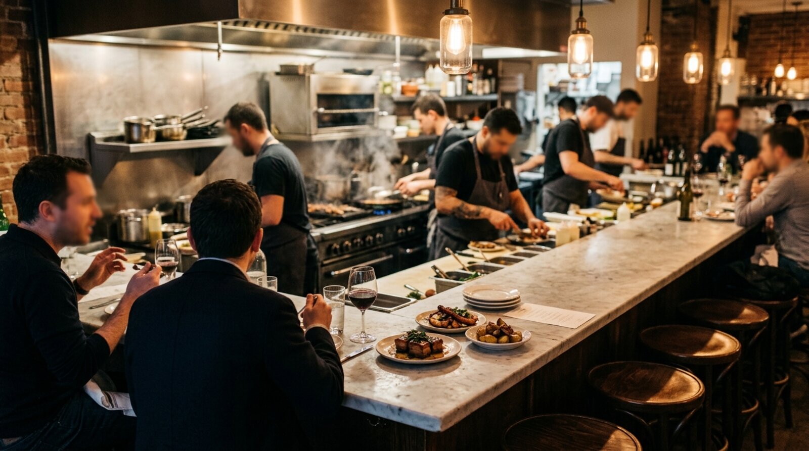 Diners seated at an open-kitchen counter in a busy Soho restaurant, watching chefs cook small plates