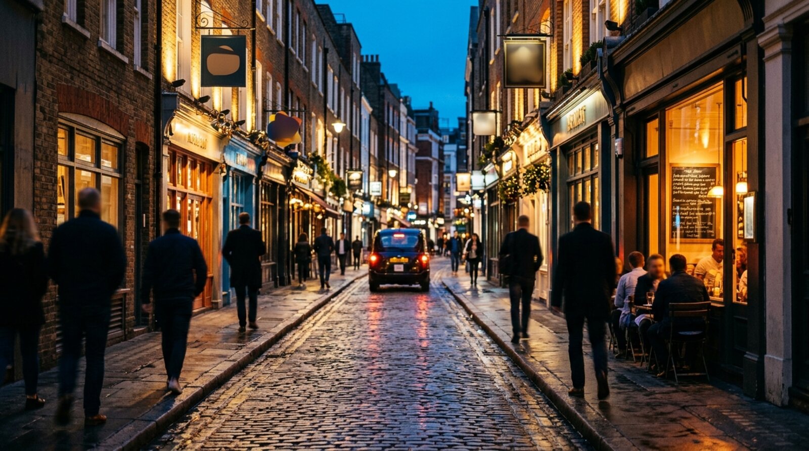 Evening on a Soho street in W1 with lit restaurant frontages, pavement diners and the glow of Brewer Street