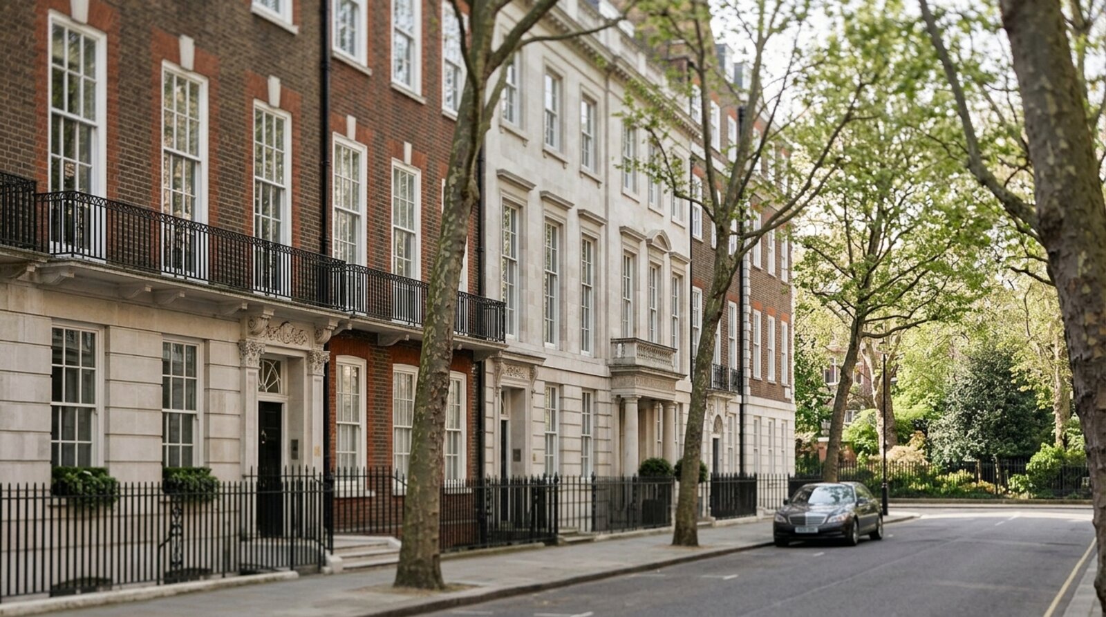 Period red-brick and stone mansion flats on a Mayfair street with classic London architecture and a quiet garden square beyond