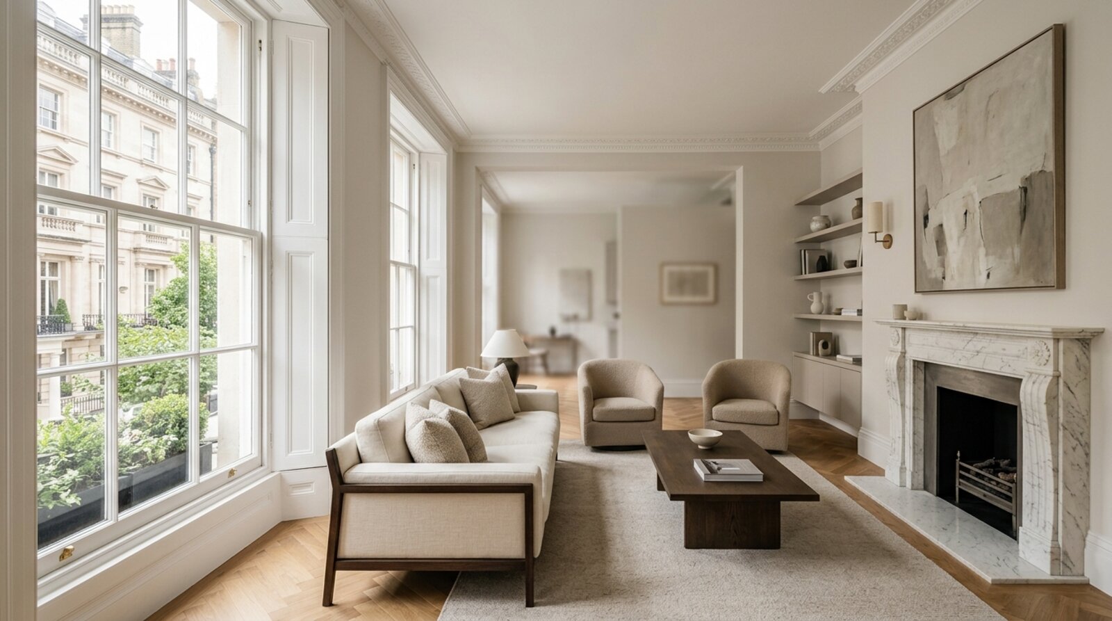 Bright lateral reception room in a prime Mayfair apartment with tall sash windows, parquet floor and period cornicing