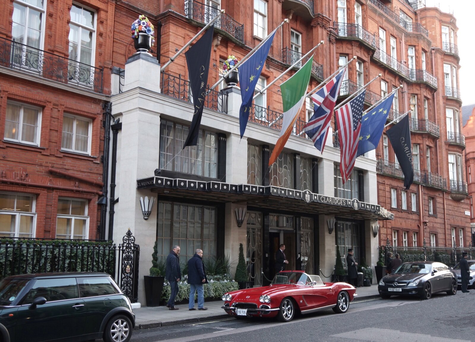The red-brick facade of Claridge's on Brook Street, Mayfair
