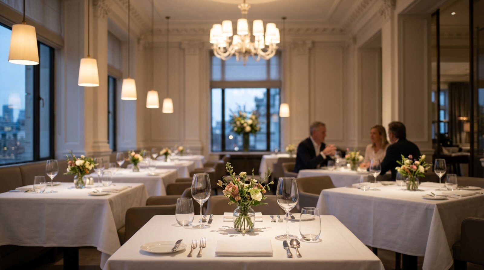 Elegant W1 fine dining room with white linen tables, soft lighting and well-dressed guests