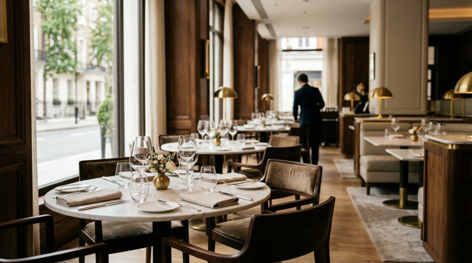 Refined Mayfair hotel dining room with chandeliers, gold detailing and formally set tables
