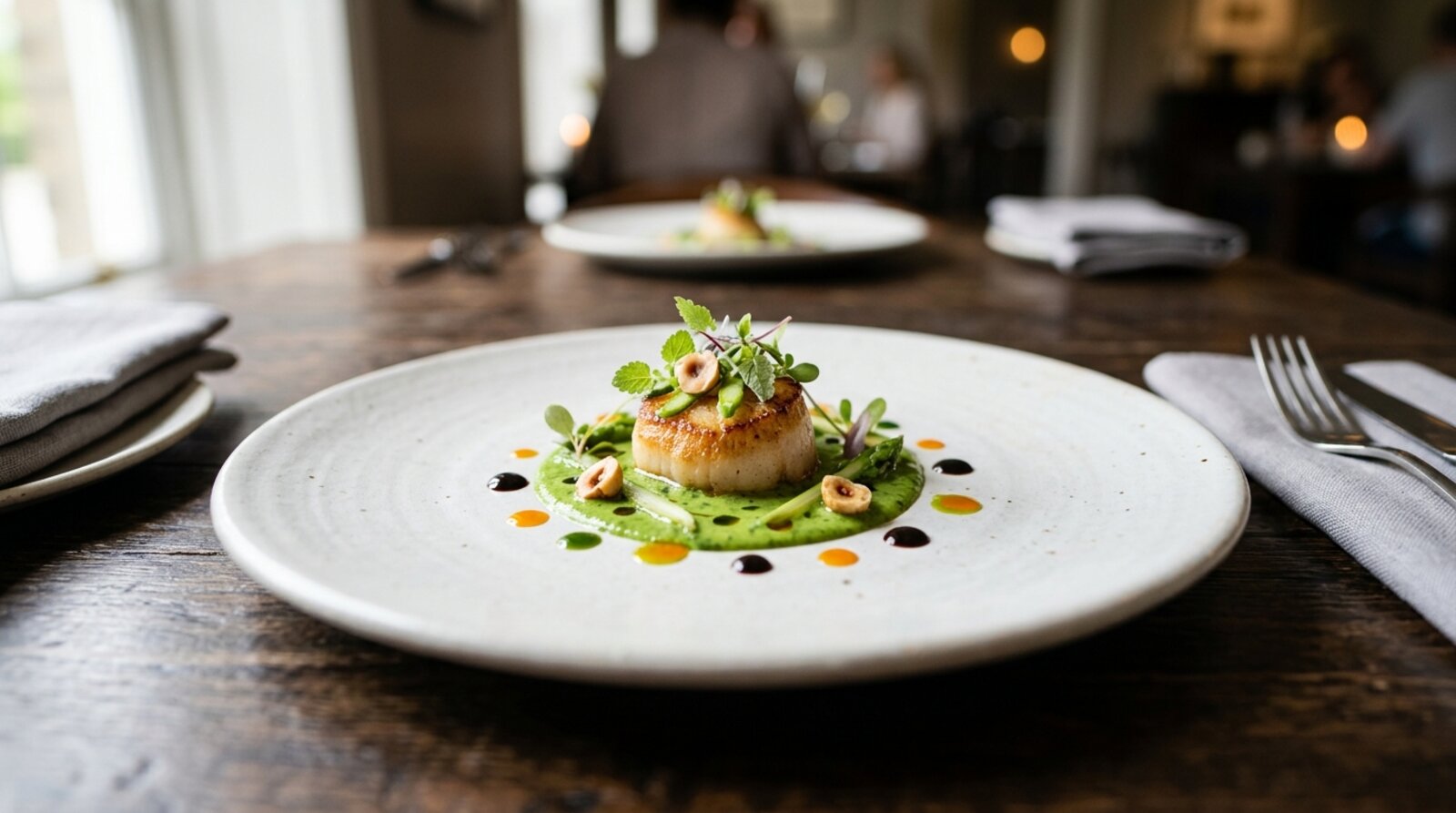 Plated tasting menu course at a Mayfair fine dining restaurant with precise seasonal presentation