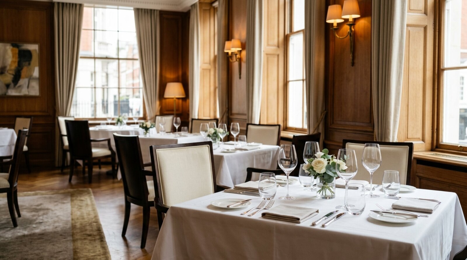 Elegant Michelin-starred restaurant dining room in Mayfair with white linen tables and warm lighting