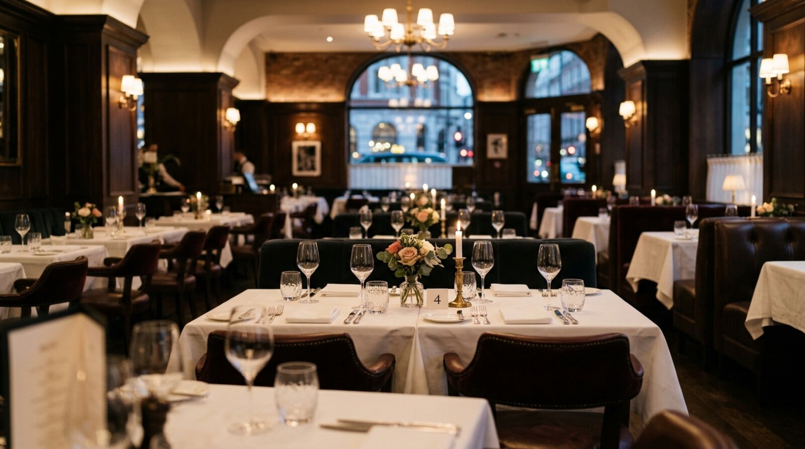 Elegant central London restaurant dining room in the evening
