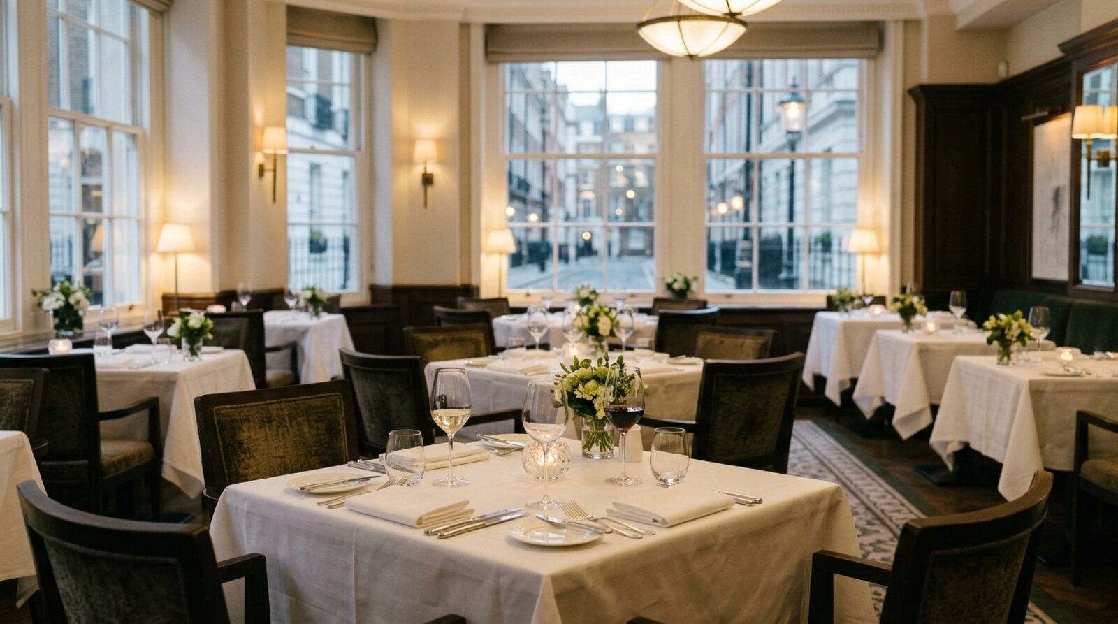 An elegant Mayfair restaurant dining room with white linen tables, soft lighting and tall windows looking onto a London street