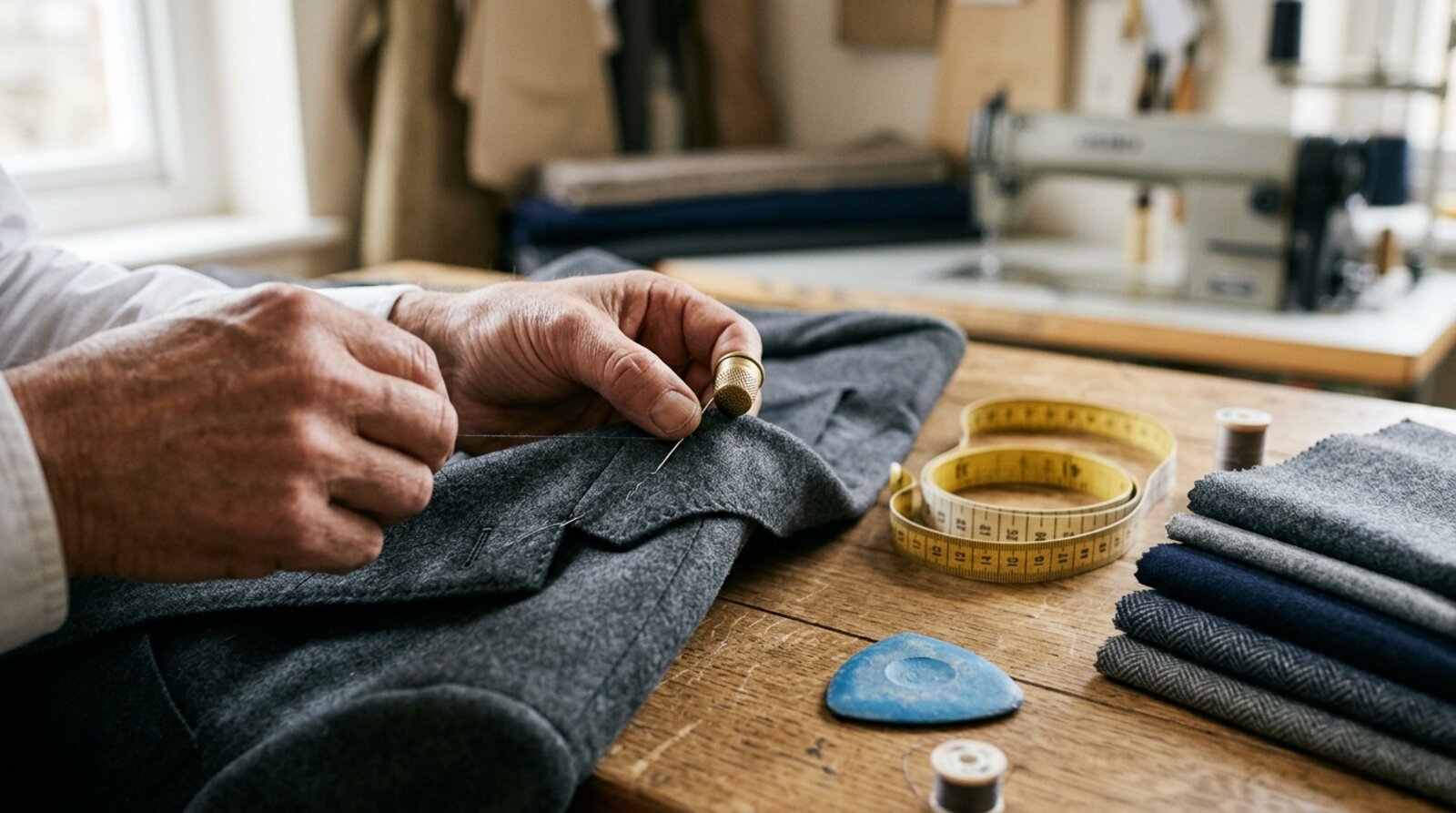 Close-up of a tailor hand-stitching the lapel of a grey wool bespoke suit jacket on a Savile Row workbench with chalk, tape measure and cloth swatches