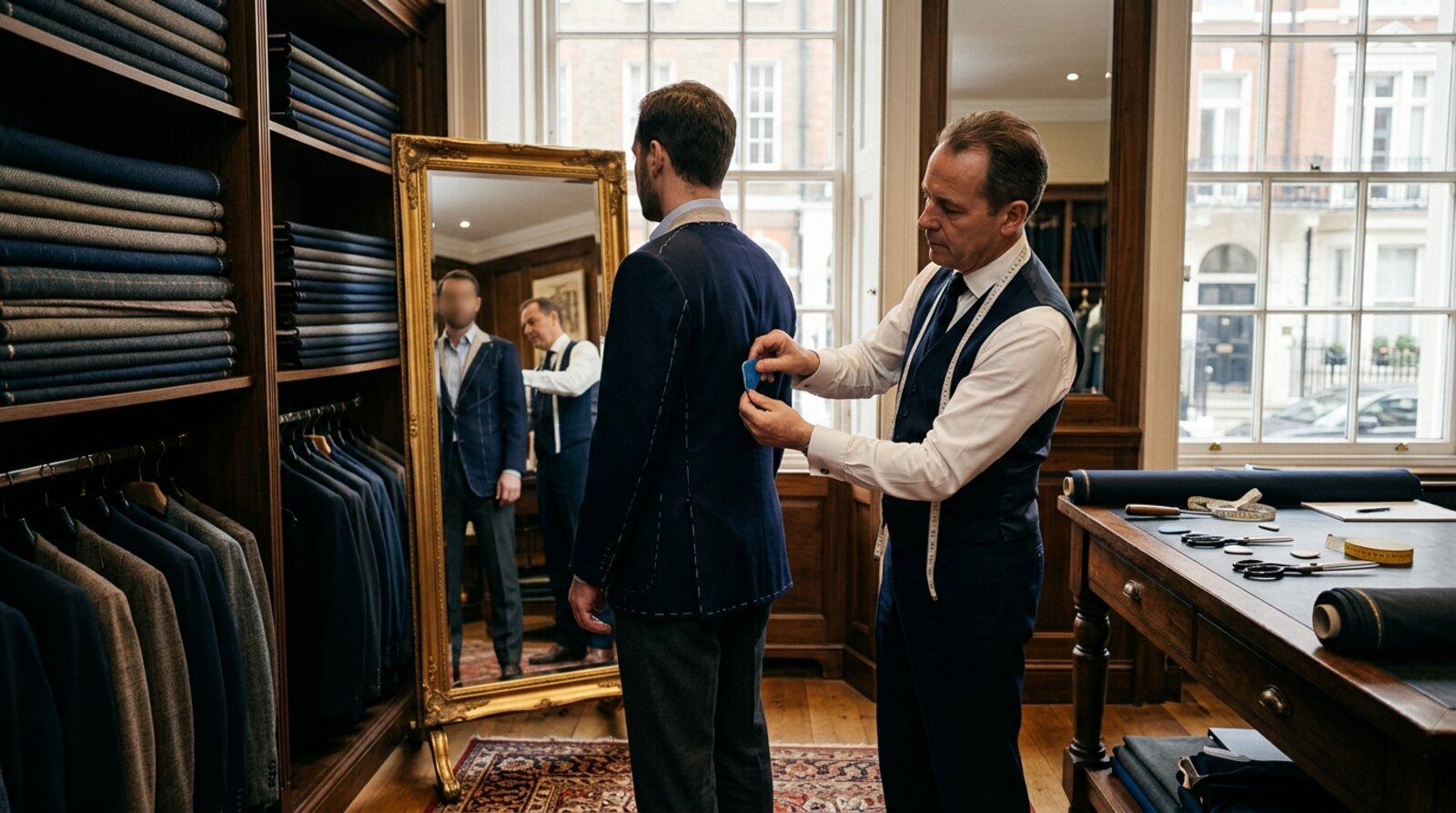Savile Row master tailor pinning a half-finished basted bespoke suit jacket on a client during a fitting in a Mayfair tailoring room
