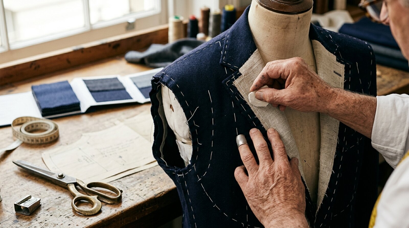 Savile Row cutter chalking alterations onto a half made bespoke jacket on a tailoring dummy