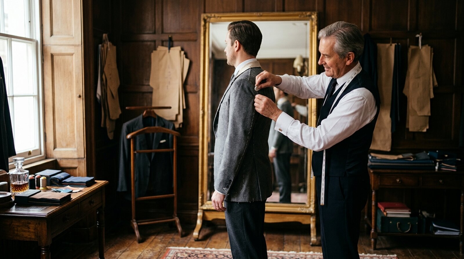 Bespoke tailor on Savile Row marking a basted suit jacket on a client during a first fitting