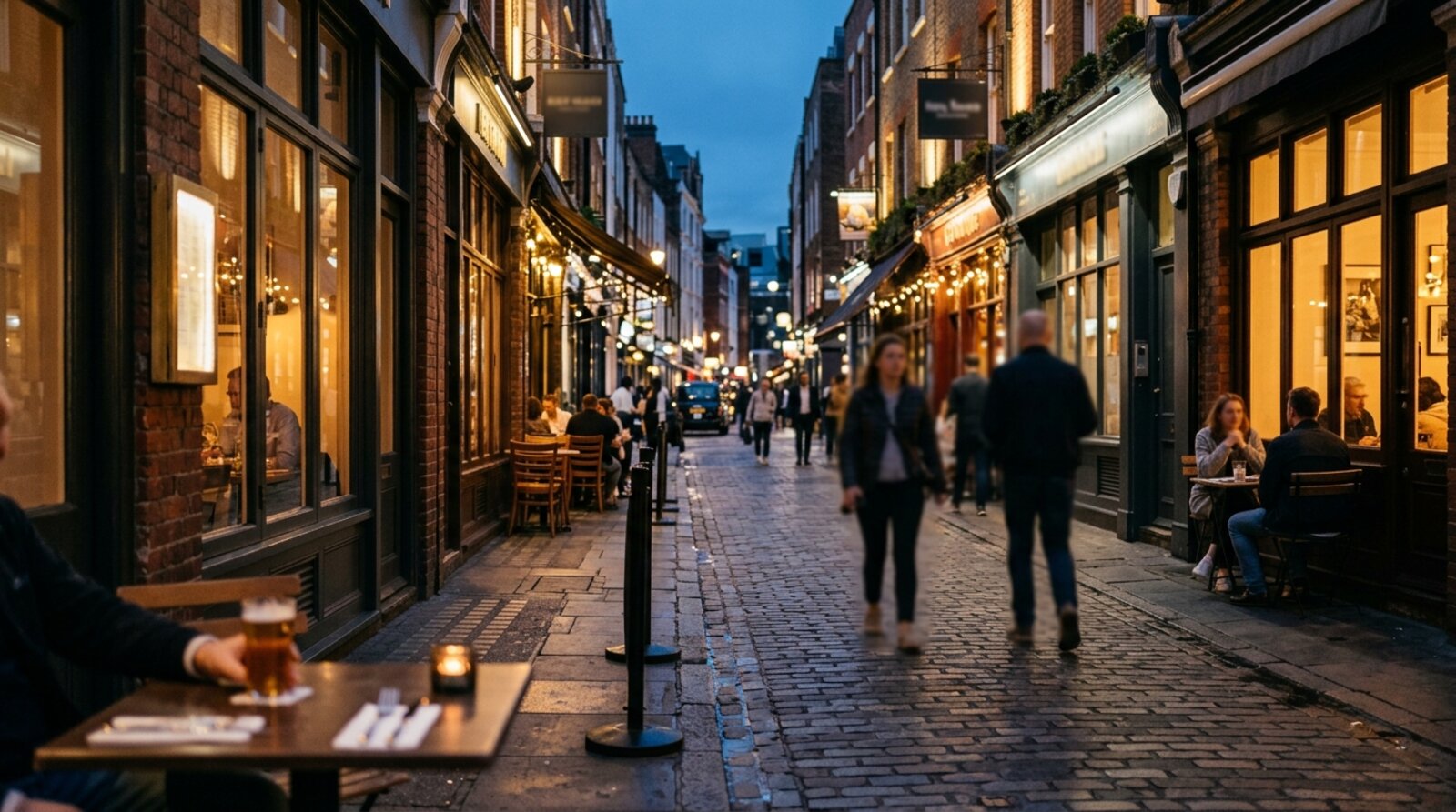 Evening street scene in Soho, W1, with restaurant frontages and diners along the pavement